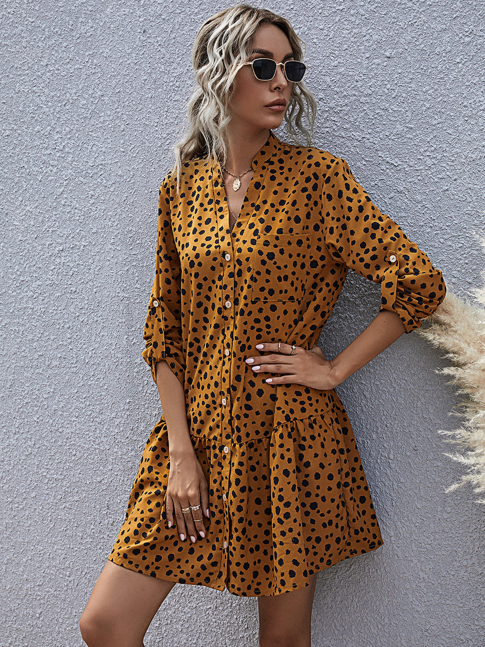 autumn and winter new  ruffled print long-sleeved dress NSDF6719