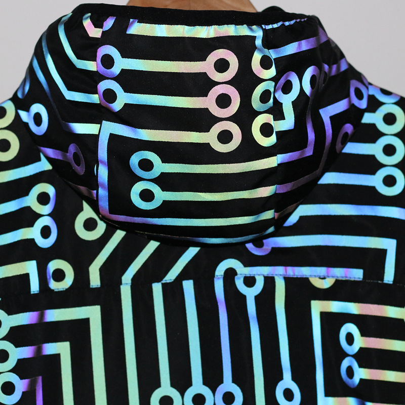 Men's Jacket Reflective Laser Circuit Pattern Hooded Windbreaker_voghion.com