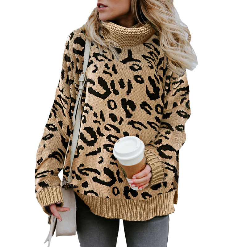 2022秋冬亚马逊热卖套头毛衣女士豹纹变体针织高领宽松毛衣休闲风