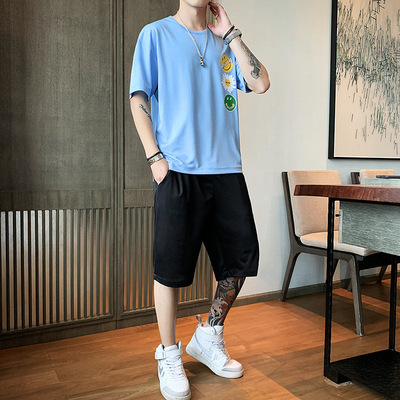 夏季青少年男士时尚休闲两件套短袖t恤五分短裤潮流个性印花套装|ru