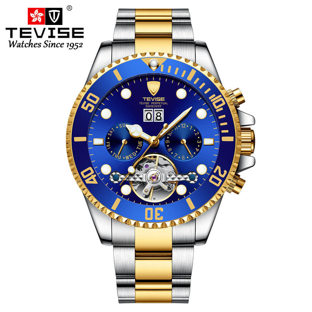 TEVISE reloj mecánico automático para hombre multifunción hueco luminoso impermeable transparente inferior reloj mecánico T823F