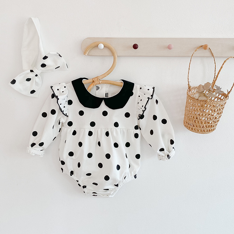 Ins2024 Spring Autumn Baby and Children's jumpsuit, women's baby polka dot long sleeved cotton triangle hoodie, crawling_voghion.com