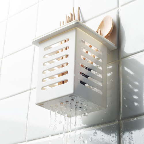 Japanese simple hollow wall-mounted chopstick cage punch-free tableware storage box kitchen spoon chopstick drain rack