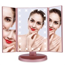 亚马逊化妆镜带灯折叠2X3X放大化妆镜梳妆台镜补光发光 LED化妆镜
