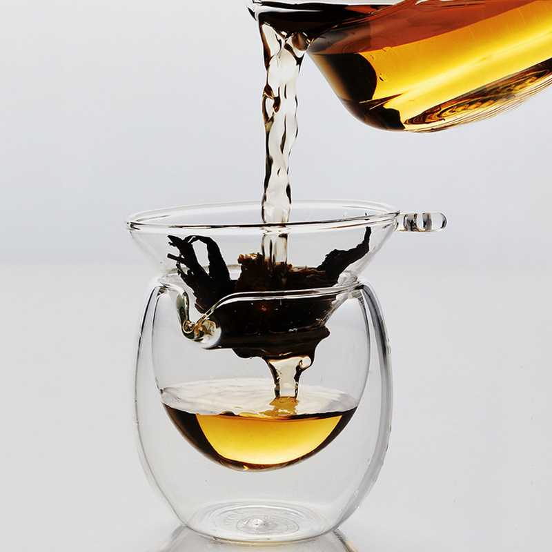 Fábrica al por mayor borosilicato resistente al calor transparente juego de té colador de té cero juego de té Filtro de té colador de té de vidrio