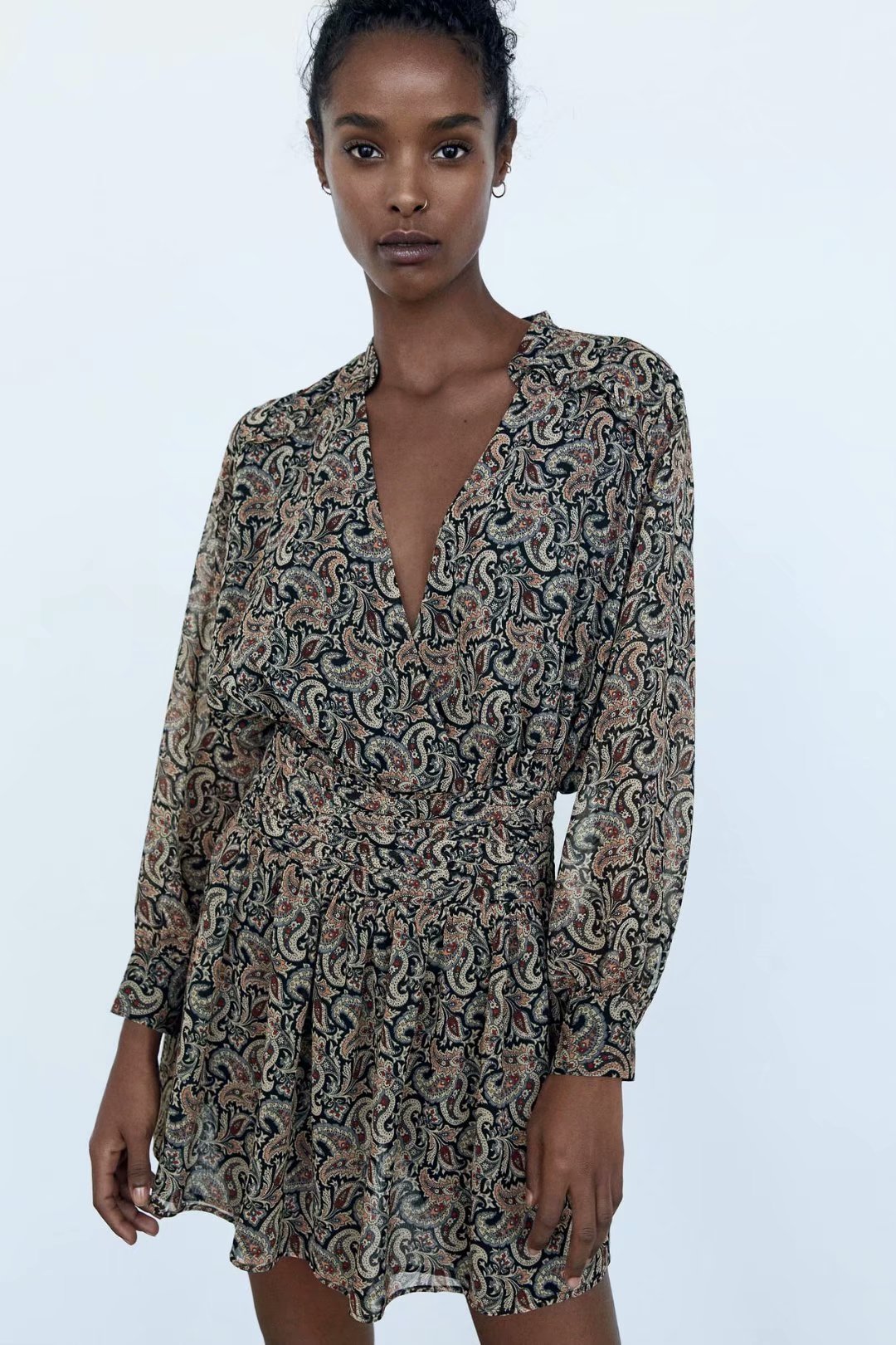 autumn print cross v-neck mini dress NSAM3542