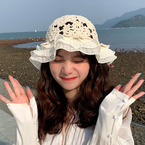 Hat women's all-match handmade cotton hat for all seasons, small fresh lace fisherman hat ins Korean version all-match sun hat
