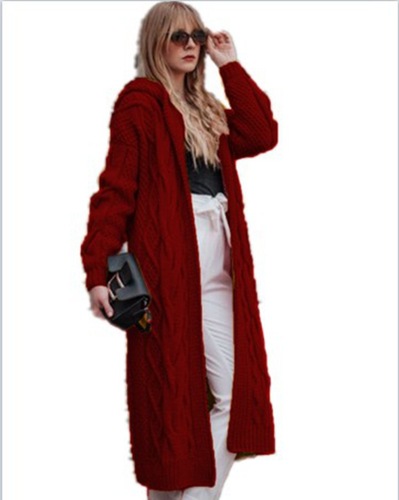 New Arrival on Wish: Women's Autumn/Winter Hot-Selling Solid-Color Hooded Long Loose Cardigan Sweater with Cable-Knit Design—European and American Style