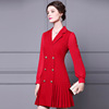 Long sleeve red thin pleated mid length jacket skirt