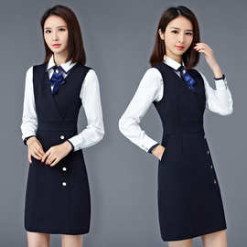 职业装 女 春秋新款时尚OL修身白衬衣马甲裙两件套工作服女装套装