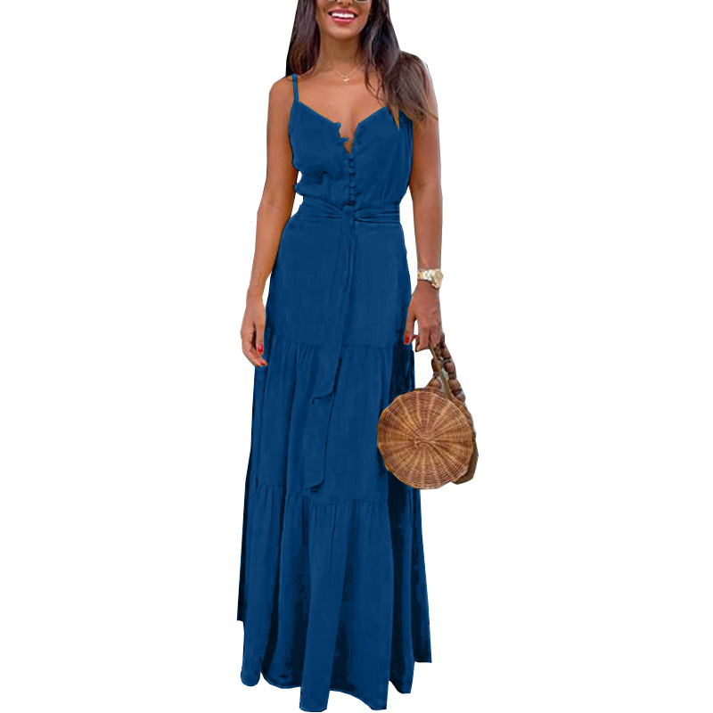 Women's Strap Dress Ruffled Skirt Elegant V Neck Belt Sleeveless Solid Color Maxi Long Dress Daily display picture 4