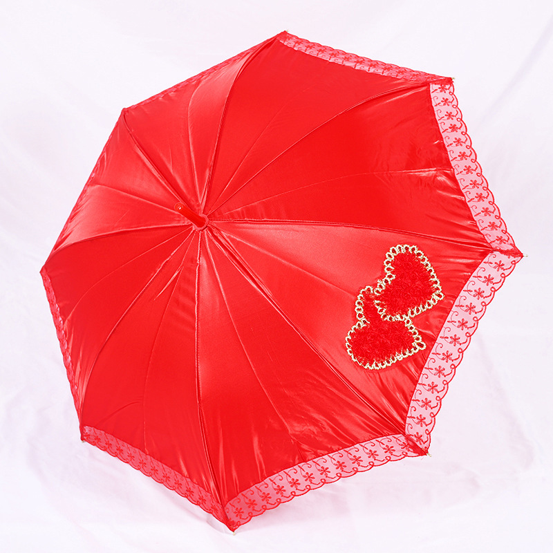 婚庆用品批发结婚婚嫁晴雨伞/长柄雨伞蕾丝新娘伞/玫瑰双心喜红伞