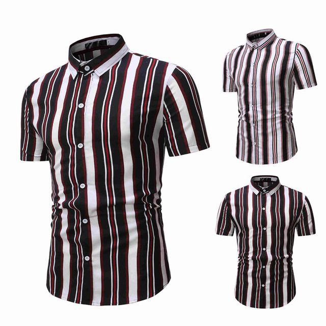 Summer button men’s fashion casual stripe short sleeve shirt