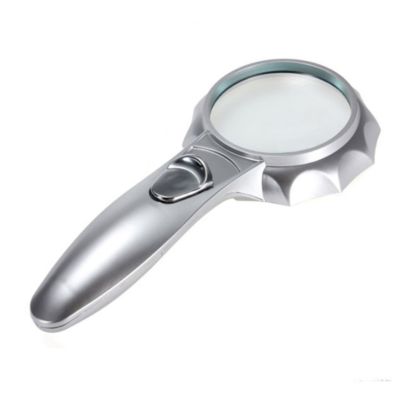 精美伞形花边六LED灯阅读照明多边形高倍高清银色老人65mm放大镜