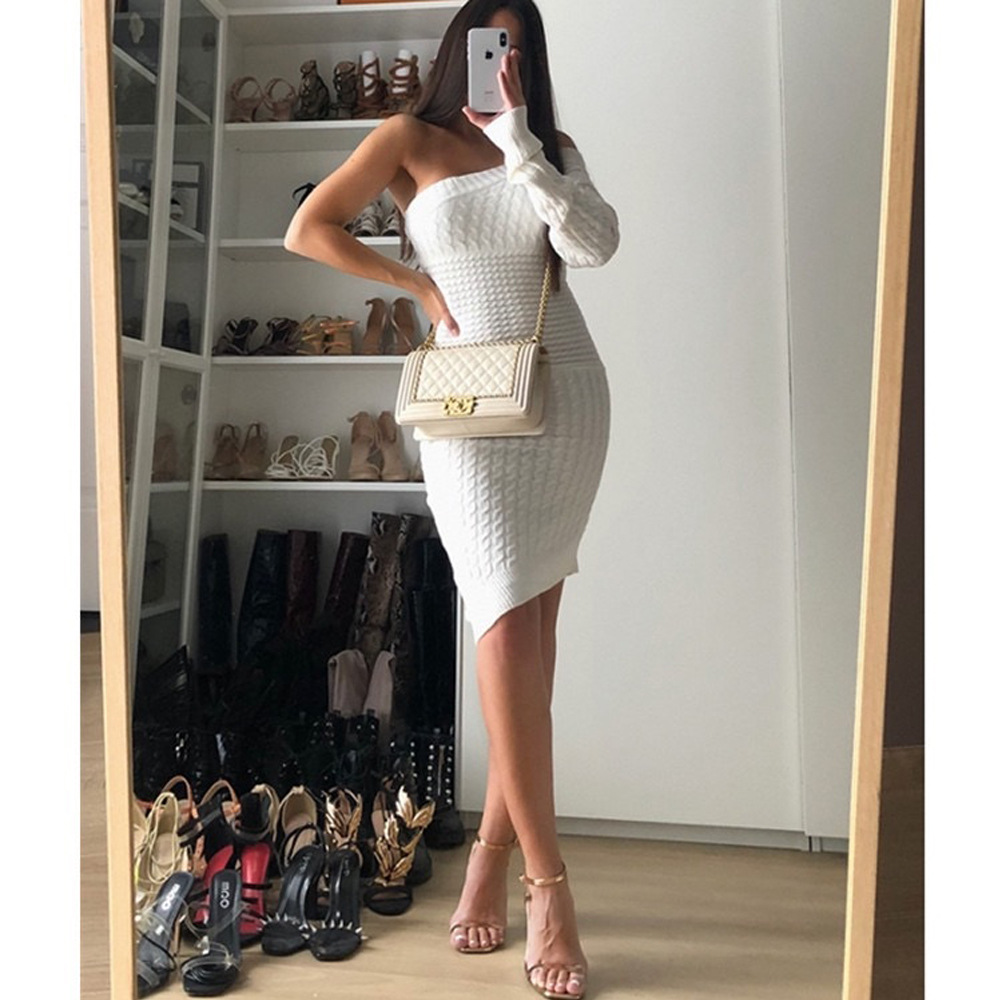autumn and winter new sexy one-shoulder long-sleeved knitted dress NSYX64044