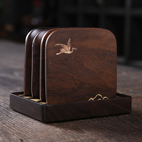 [Copper Wood Coaster] Black sandalwood whole solid wood log inlaid with brass kung fu tea ceremony anti-scalding accessories tea cup holder