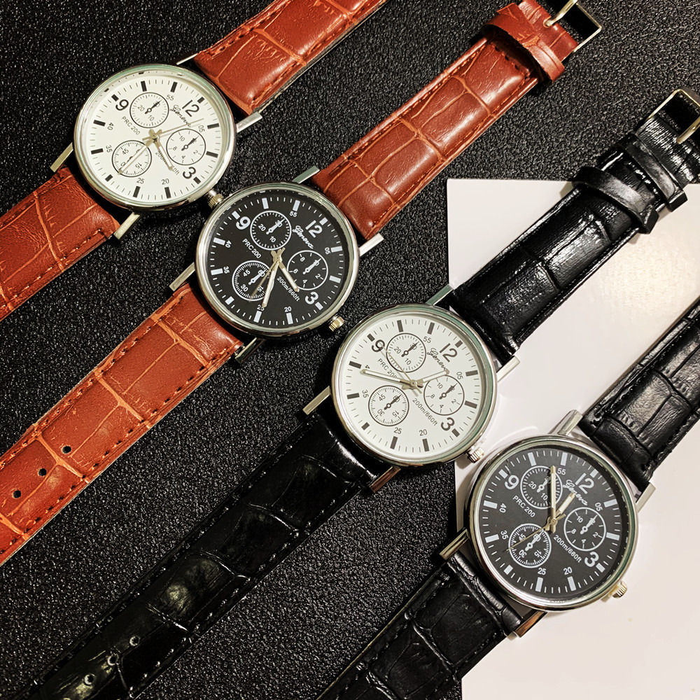 日內瓦假3眼手表男士 時尚皮帶石英腕表爆款男款天貓京東禮品表