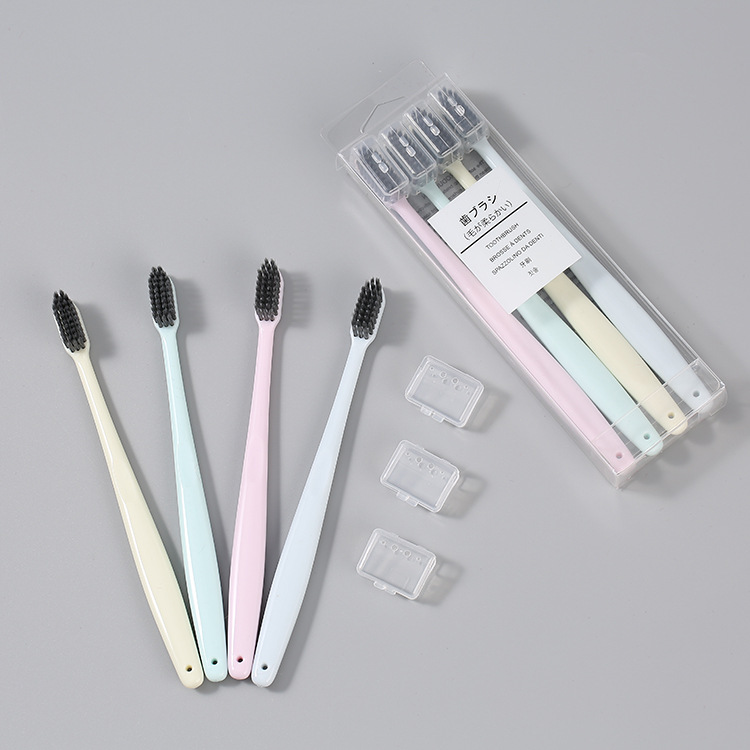 Muji derselbe Stil 4er-Pack Erwachsenen Zahnbürste im japanischen Stil, einfarbig, mit Schutzkappe, kleiner Kopf, mittelharte Borsten
