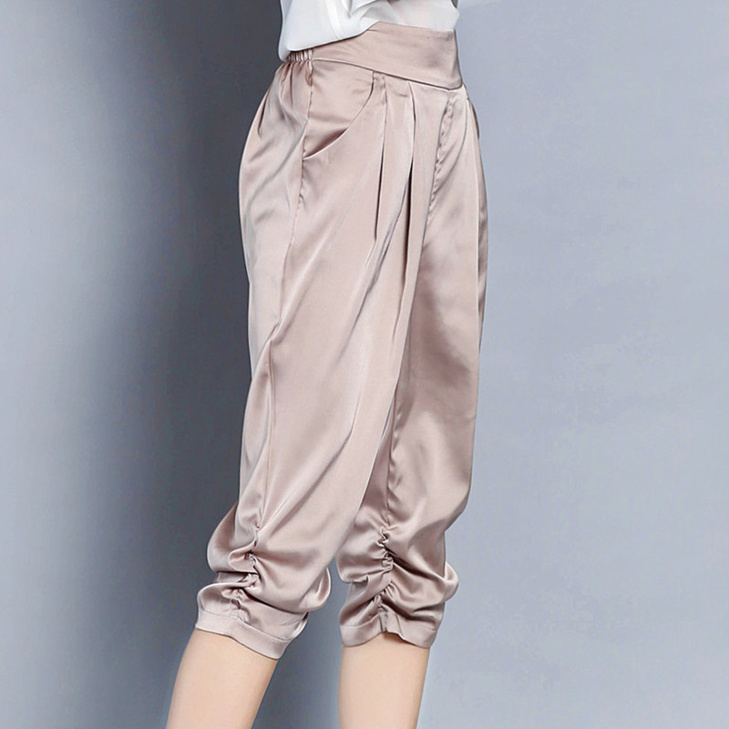 Summer 2020 New European and American Stretch Satin Harem Pants Capri Pants Casual Large Size Imitation Silk Women's Pants