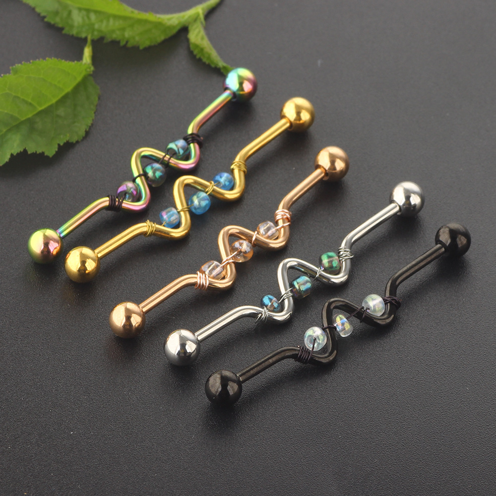 Hand-Woven Bead Bell Industrial Barbell Cross Bar Ear Piercing Jewelry Rose Gold Single detail image 7