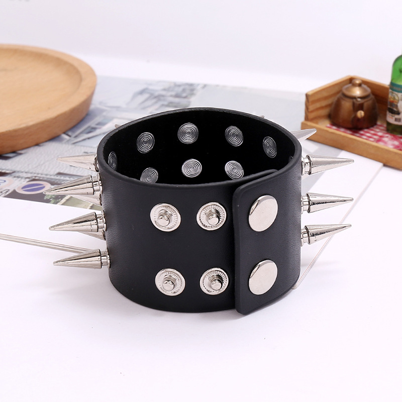 Fashion new three-row spikes exaggerated punk wide leather bracelet