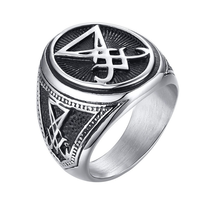 Gothic Satanic Biker Ring For Men, Occult Band Ring In Stainless Steel_voghion.com