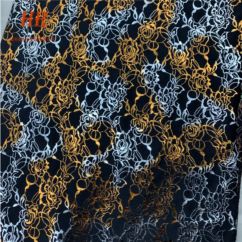 烫金面料四色花朵弹力涤氨经编韩国绒 时装休闲服服装面料批发