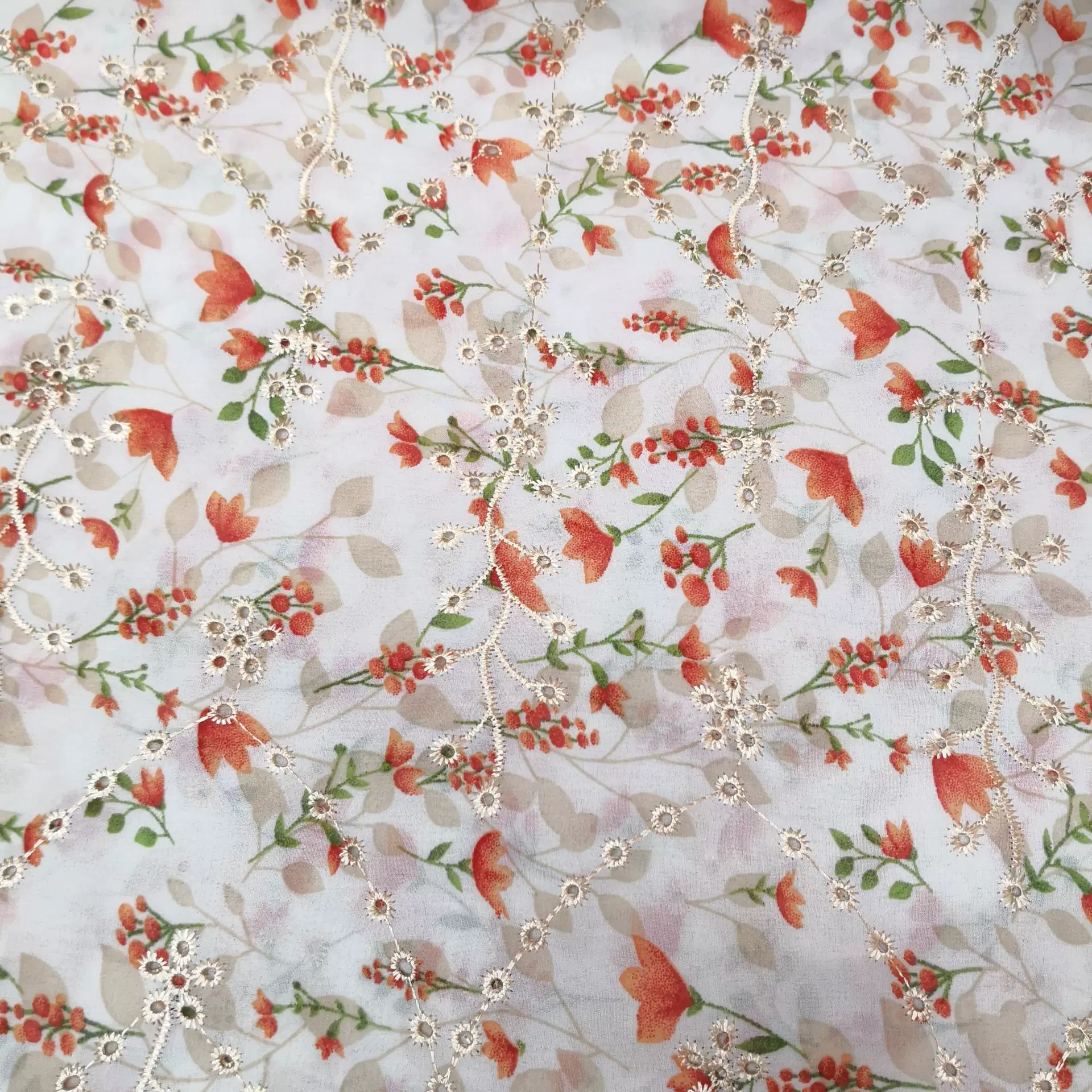 多色印花刺绣雪纺布玫瑰镂空打孔高档女装蕾丝旗袍连衣裙绣花面料