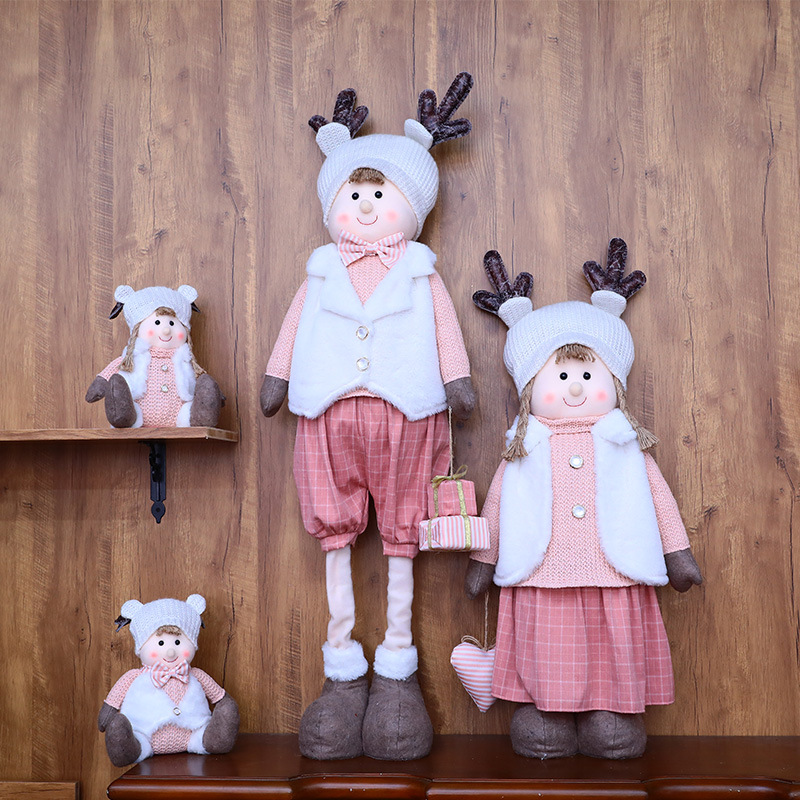 Adjustable Pink Snowman & Reindeer Christmas Figurine - Nordic Style Fabric Decor For Holiday Tabletop, Shelf & Window Display"_voghion.com