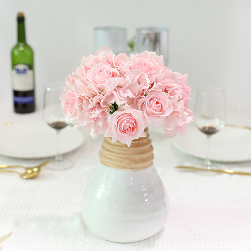 齊浩廠家批發INS風保濕玫瑰32CM繡球把束假花 婚禮餐廳裝飾絹花