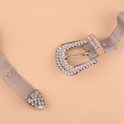 2020 new pattern Rhinestone Buckle Metal belt silvery fashion belt Cross border Explosive money