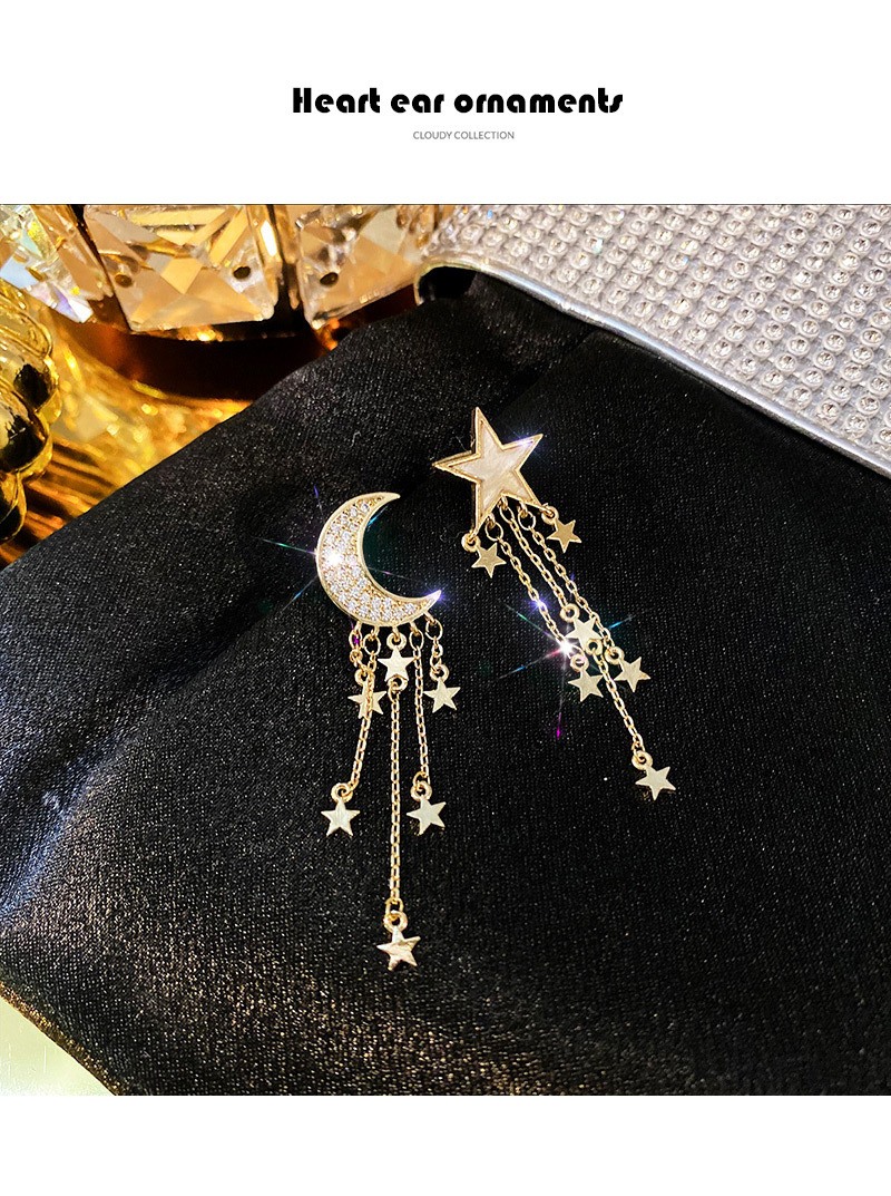 retro long asymmetric star and moon tassel copper earrings wholesalepicture1