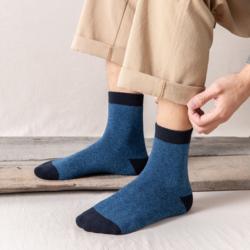 Men's socks thickened mid-calf men's socks winter warm terry towel socks and thread-blocked color cotton men's socks