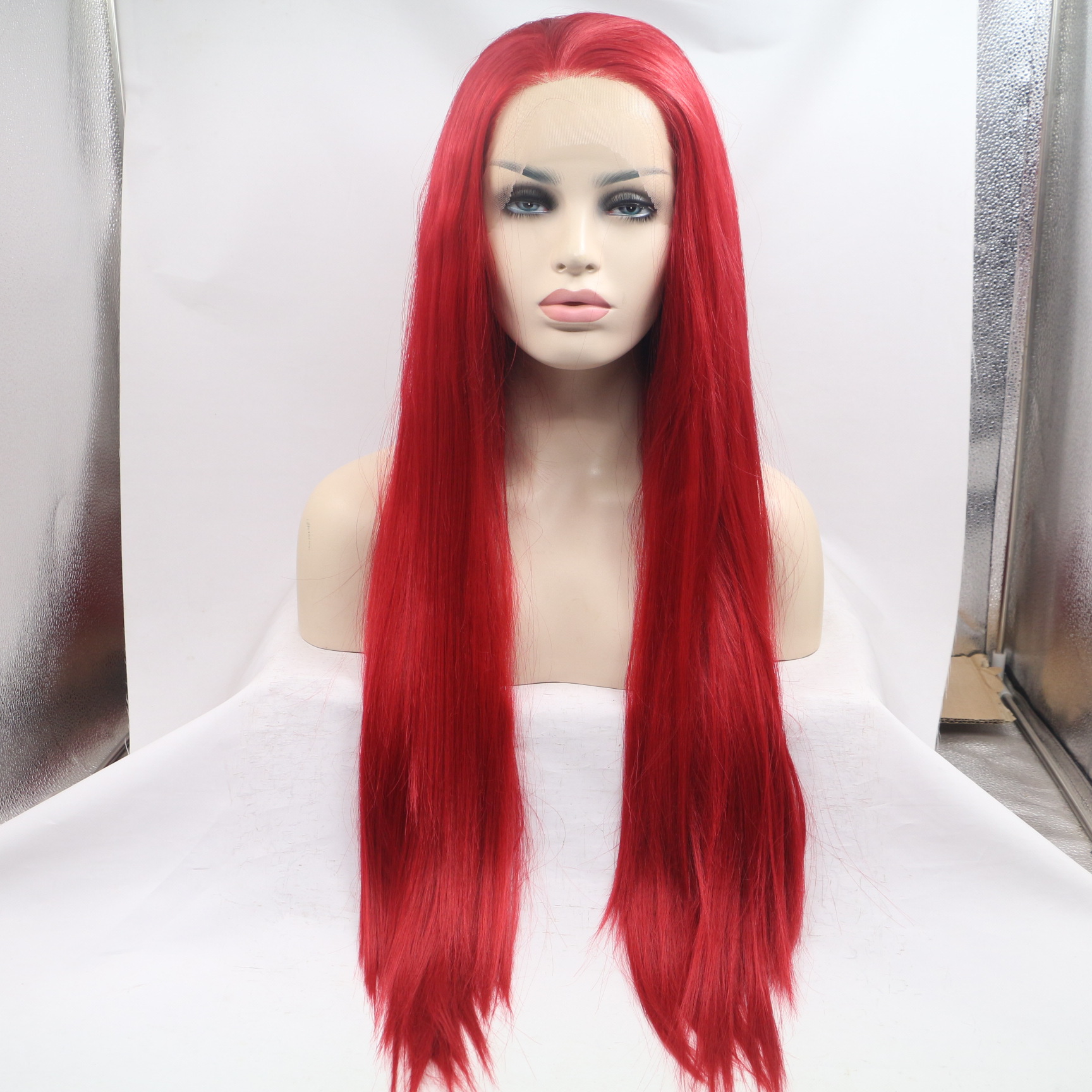 Peluca de fibra química de moda europea y americana para mujer, cabello largo rojo grande, cabello lacio, personalidad, casco de seda de alta temperatura al por mayor