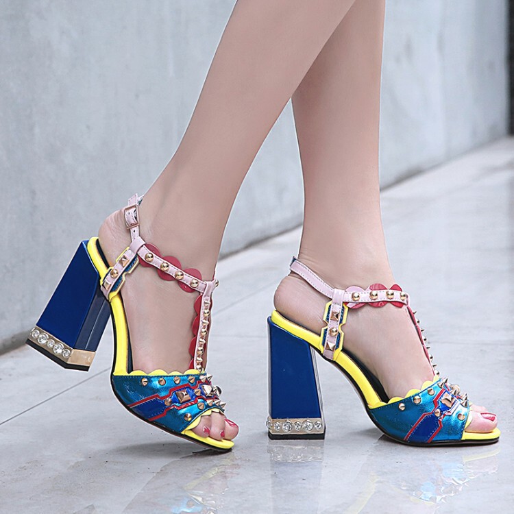Summer thick heel high heel fish mouth buckle rivet color matching sandals ethnic style women's shoes foreign trade cross-border large size 4143