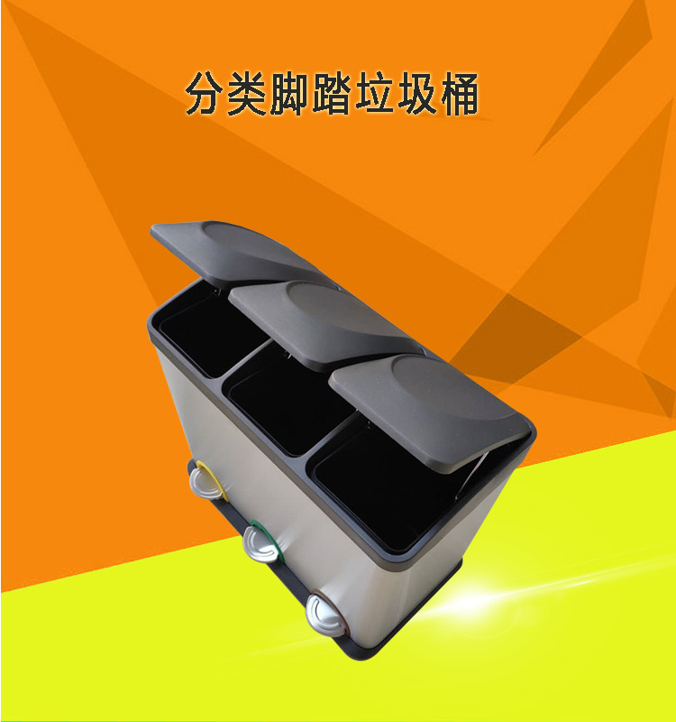 Factory supply large capacity living room/kitchen stainless steel foot-stepped square cylindrical three-compartment sorting trash can