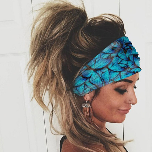  European and American Spring and Summer Anti-Snag Cotton Hairband with Butterfly Digital Print Head Scarf Yoga Exercise Elastic Headband