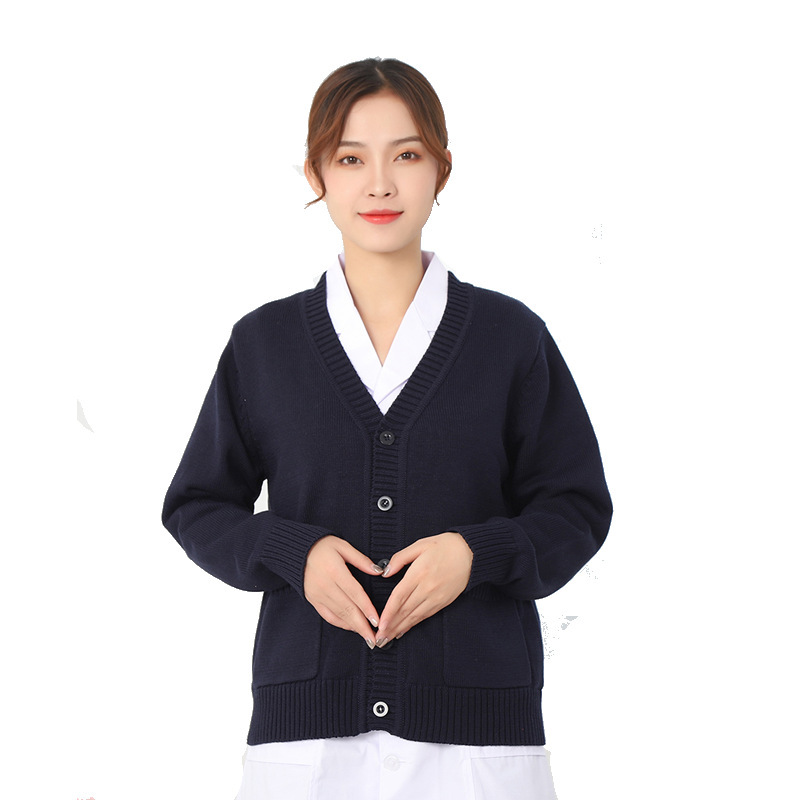 Navy Blue Fleece-lined Thickened Nurse Sweater Nurse Coat Cardigan Mother Sweater Doctor's Clothing Nurse Sweater