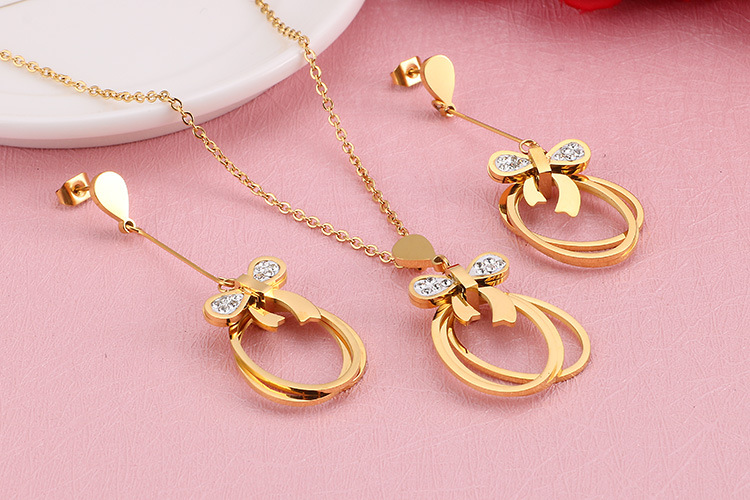 Japanese and Korean New Fresh Fashion Titanium Steel Bow Geometric Hollow Necklace Earrings Womenu00