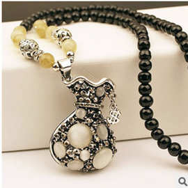 麦鹏 韩版时尚复古毛衣链 黑珠绳猫眼石钱袋项链项饰 厂家批发