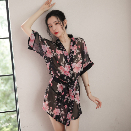 Sexy lingerie, sexy pajamas, tempting Japanese chiffon printed cardigan, kimono, see-through nightgown set 8145
