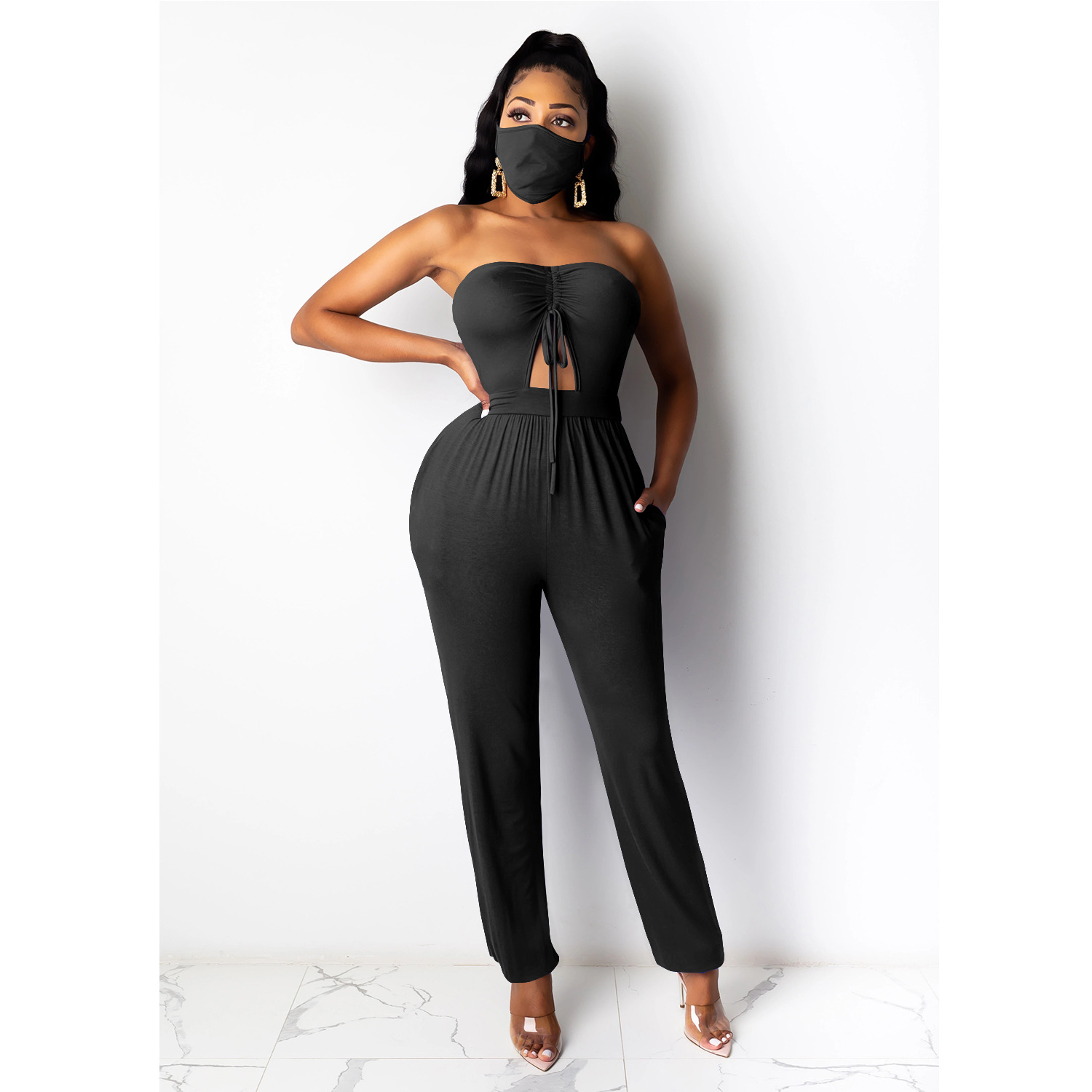 Sexy Sleeveless Tube Top Tight Drawstring Jumpsuit (Including Mask) NSXYZ100490