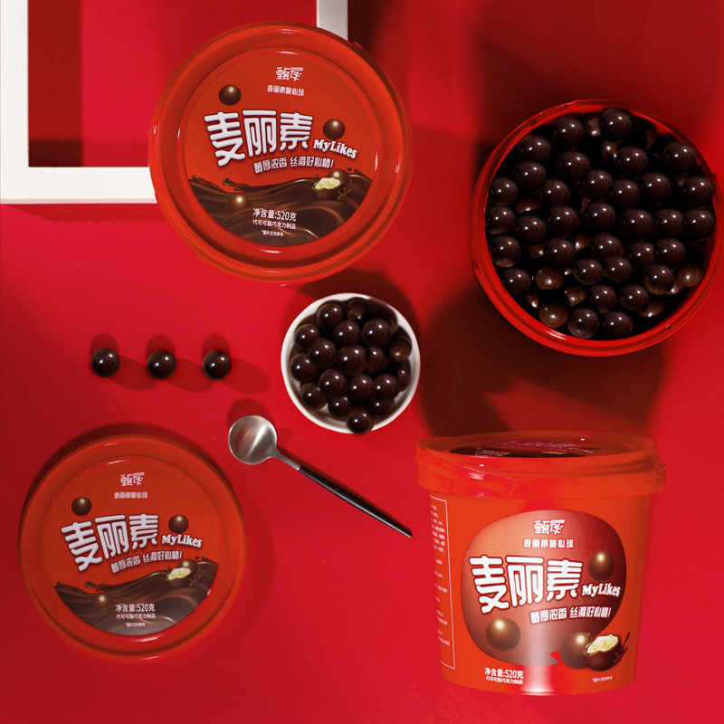 甄伴麦丽素夹心巧克力豆520g桶装儿时怀旧朱古力网红糖果儿童零食