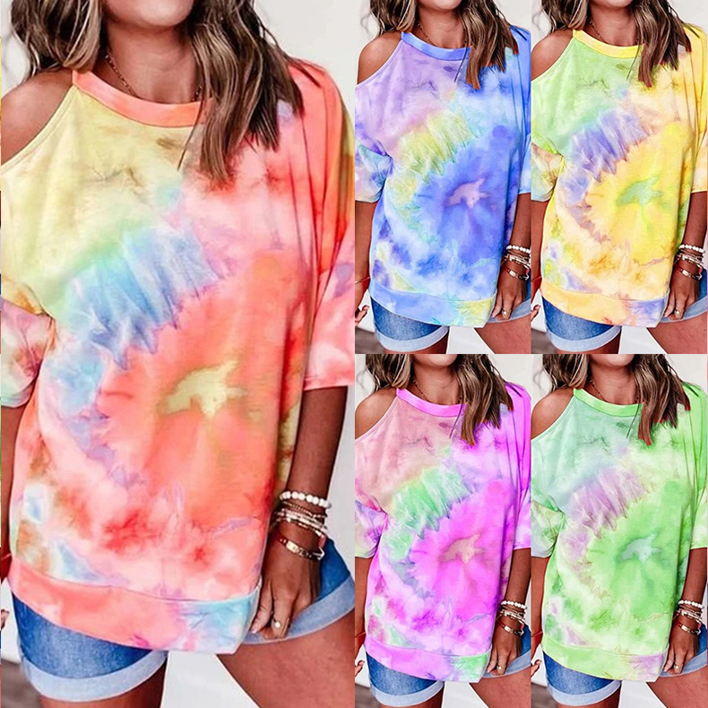 summer strapless short-sleeved tie-dye printed T-shirt  NSKX8484