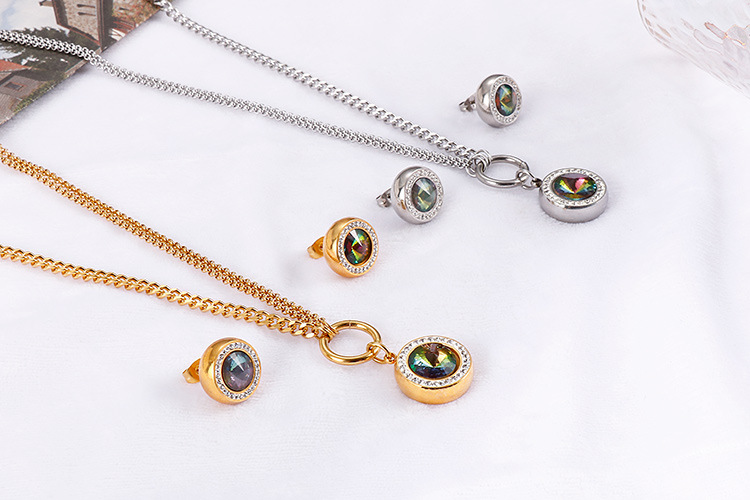 new fashion golden crystal glass diamonds earrings necklace stainless steel set wholesale nihaojewel