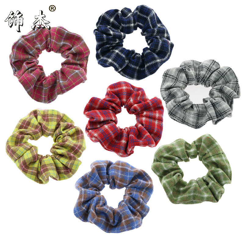 亞馬遜跨境新款豬大腸發帶格子布料彈力皮筋大腸圈女發繩絨布發圈