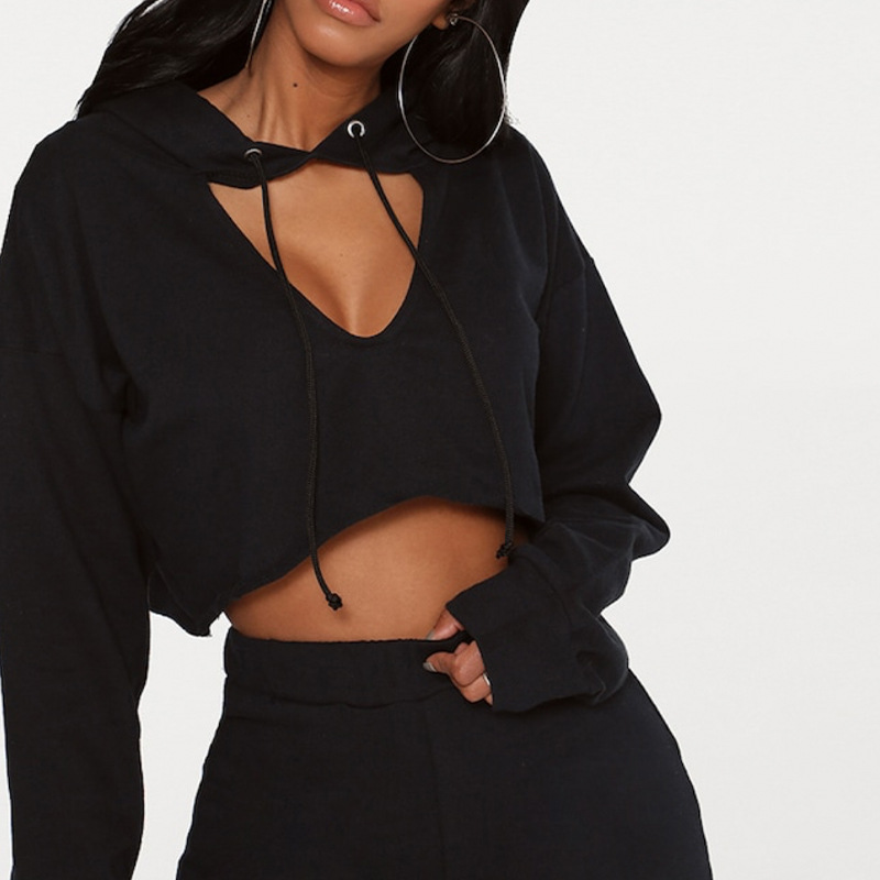 sexy hollow short cropped hooded black sweatshirt NSMEI54865