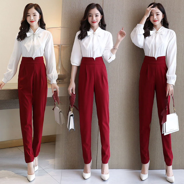 Spring bow tie long sleeve shirt + high waist nine point pants two piece set