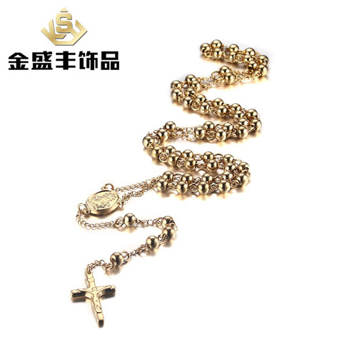 Small jewelry wholesale titanium steel gold cross pendant long necklace bead chain sweater chain NC-057