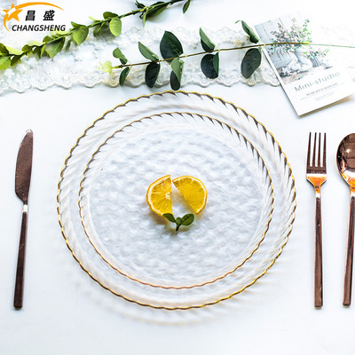 牛排西餐盘子透明玻璃家用平底盘欧式金边锤纹水果沙拉耐热餐具盘